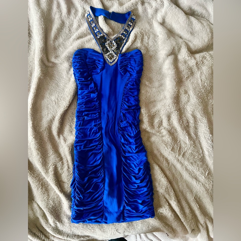 Bebe Royal Blue Strapless Cocktail Dress with beaded front halter
